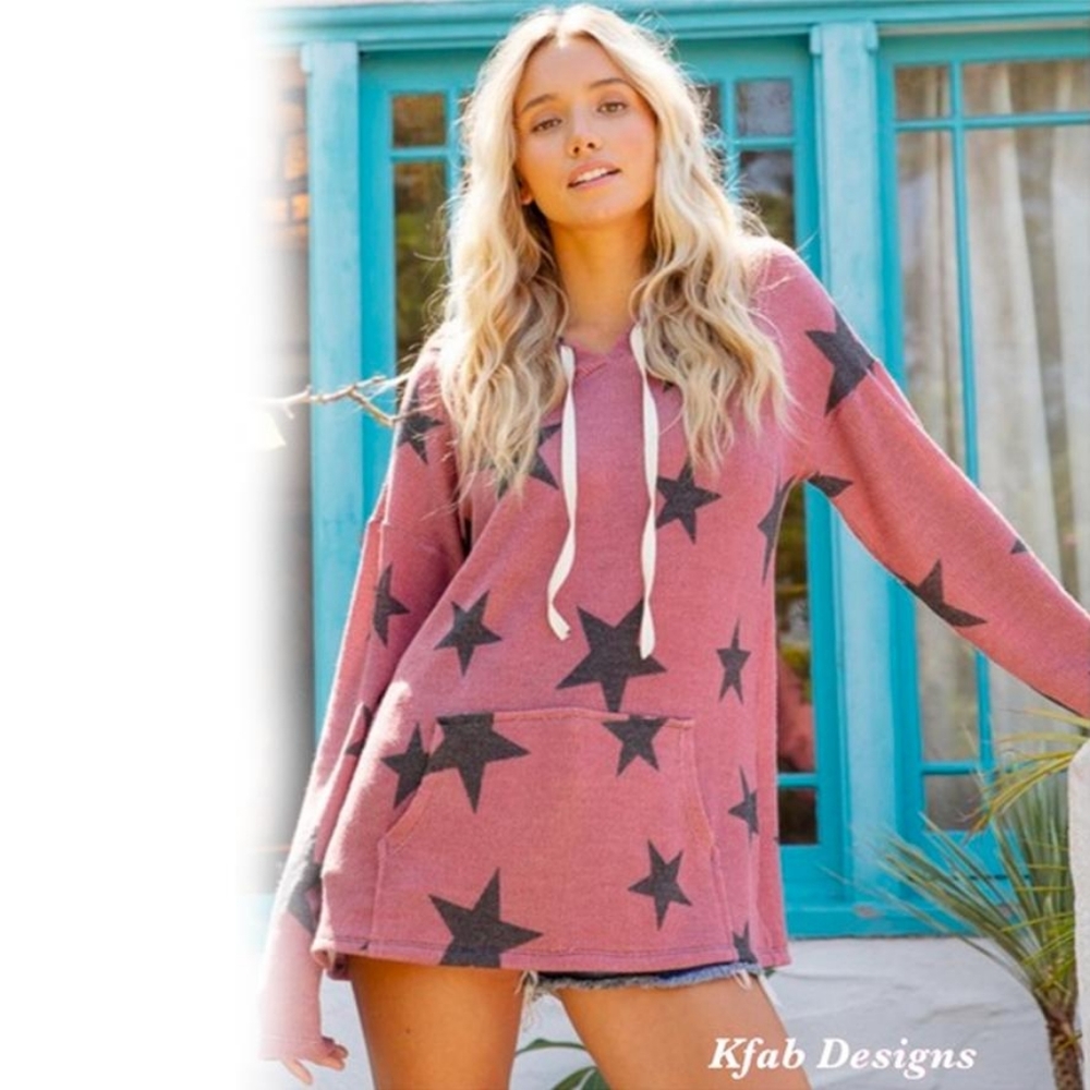 STAR Print Mauve Soft Kangaroo Pouch Hoodie NEW - Picture 6 of 8